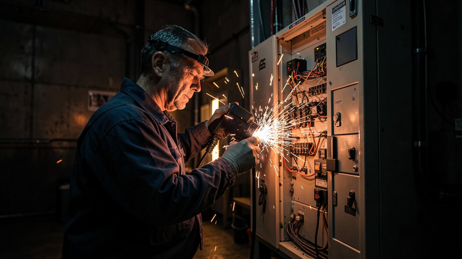 Elektrik dağıtım panosunda bakım ve ölçüm yapan teknisyen